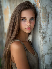 Fototapeta premium Portrait of young woman with long hair and freckles against rustic wall evoking natural beauty : Generative AI