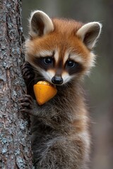 Obraz premium A raccoon holding an acorn in its mouth on a tree