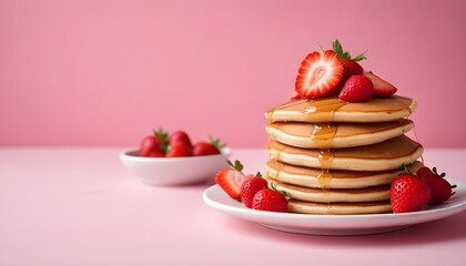 A stack of pancakes with fresh strawberries on a pink background