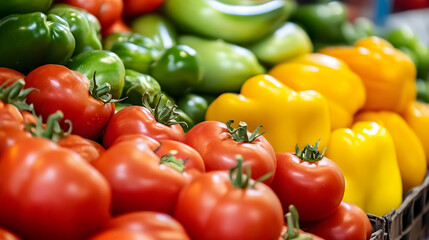 Fresh Colorful Assortment of Organic Tomatoes and Bell Peppers at Farmers Market : Generative AI