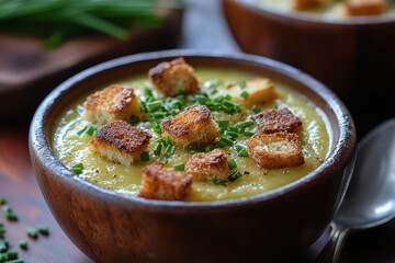 Delicious french vichyssoise soup with croutons cozy kitchen food photography rustic setting close-up culinary art