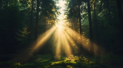 Obraz premium Dramatic morning sunlight piercing through tall pine trees in a misty serene forest creating long atmospheric shadows on the ground with copy space included