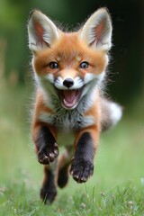 Fototapeta premium A small red fox running across a lush green field