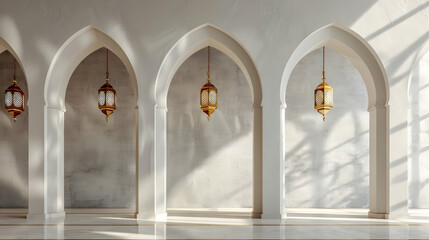 Elegant interior of a modern architectural space with arched windows and hanging lanterns