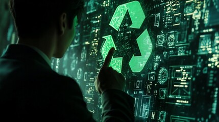 Man interacts with a digital recycling symbol on a futuristic screen.