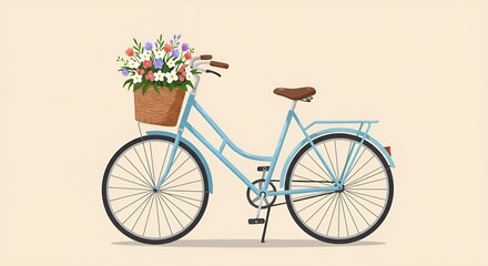 Fototapeta premium A vector-style illustration of a vintage bicycle in pastel blue, with a woven basket filled with blooming spring flowers. The bicycle is positioned in a side view, with elegant curved handlebars 