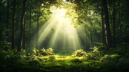 Fototapeta premium Captivating image of an enchanted forest at sunrise with delicate beams of light breaking through the tree branches and highlighting the tranquil morning mist creating a serene and magical atmosphere
