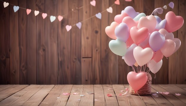 A bouquet of red and pink heart-shaped balloons or decorations floating against a blurred wooden background with more heart shapes in the air, creating a romantic and festive atmosphere