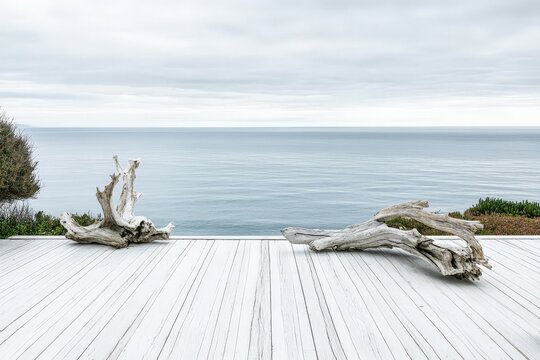 Driftwood on white deck overlooking calm ocean under cloudy sky