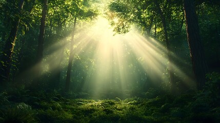 Obraz premium Enchanted forest scene at sunrise with golden beams of light breaking through the tree branches highlighting the morning mist and creating a dreamy magical atmosphere