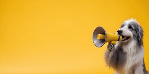 A close-up view of a white and gray dog with a long beard wearing a golden megaphone on a bright yellow background