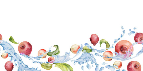 Cranberry lingonberry flying in water splash with green leaves and dew drops, hand drawn in watercolor, ripe summer forest berry. Isolated seamless banner for home preserves, stationery, recipe book