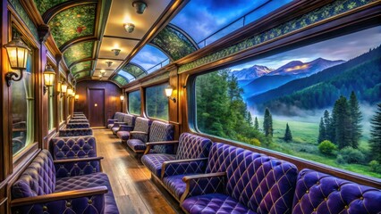 Naklejka premium Luxurious Vintage Train Carriage Interior with Scenic Mountain View from Large Windows at Dawn