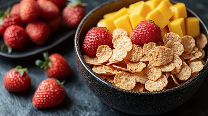 This image showcases healthy breakfast options featuring a box of corn flakes and a container filled with fresh strawberries and mango, emphasizing nutritious choices.