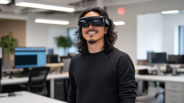 Innovative man wearing virtual reality glasses in modern office setting, showcasing technology and creativity. atmosphere is bright and inspiring, perfect for collaboration