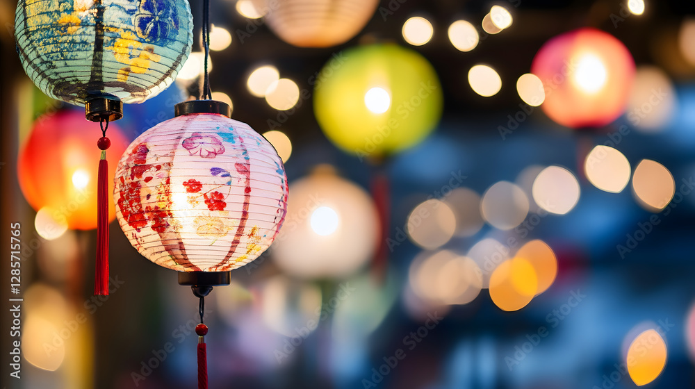 Poster beautifully illuminated asian lantern festival with colorful bokeh lights : generative ai