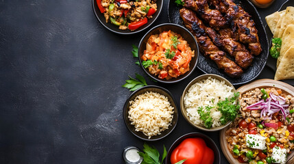 Assorted Mediterranean Cuisine Dishes Displayed on a Dark Rustic Table Setting : Generative AI