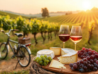 Idyllic vineyard picnic with wine and cheese at sunset