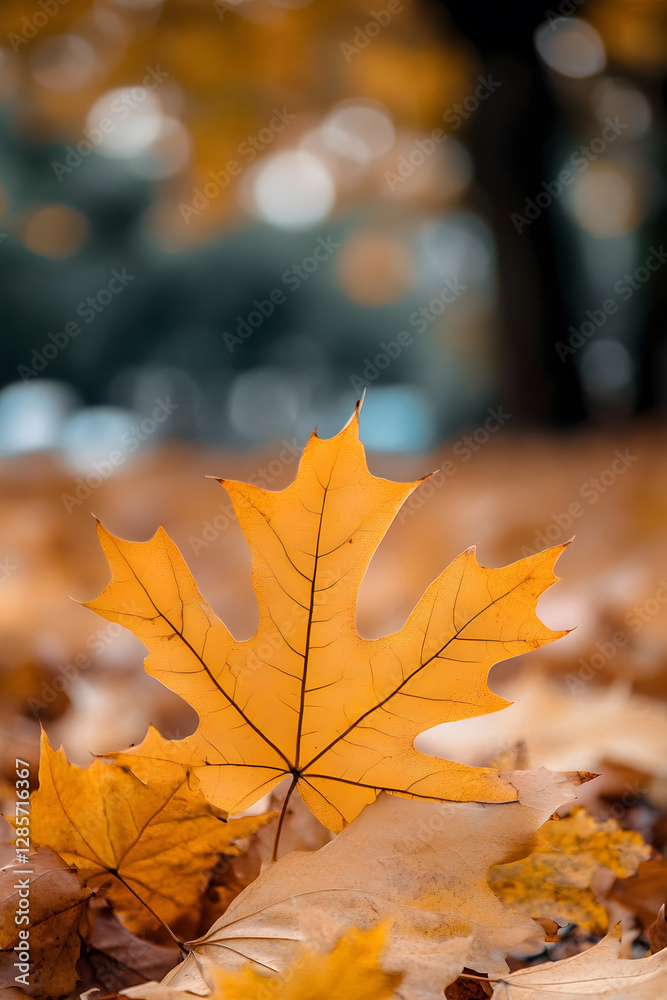 Poster close-up of golden autumn maple leaf on ground with blurred natural background : generative ai
