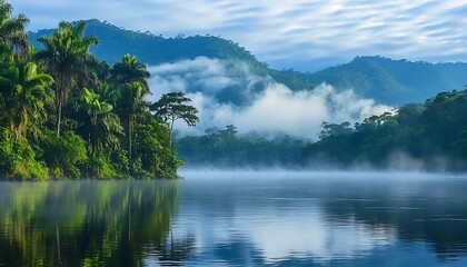 The lush tropical forest reflects into the still peaceful lake water