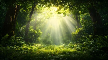Obraz premium Breathtaking photograph of a magical sunlit forest with mesmerizing light rays shining through the tall lush trees creating an ethereal and peaceful atmosphere