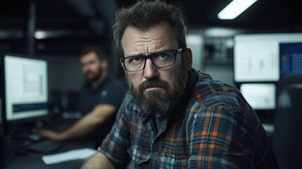 Obraz premium focused man with glasses and beard working in office environment, showing determination and concentration. background features computer screens
