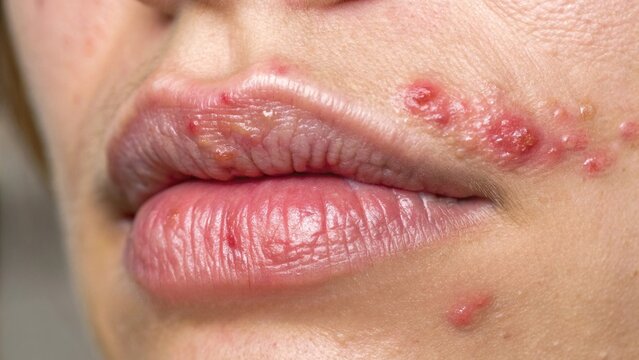 Herpes simplex with swollen, inflamed blisters, close-up