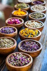 Assorted Dried Herbs and Flowers in Rustic Wooden Bowls for Culinary and Medicinal Use : Generative AI