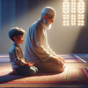 Young Muslim Boy During Salat Praying for God with His Grandfather