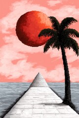 A cross stitch pattern of a palm tree on a pier with a pyramid in the background