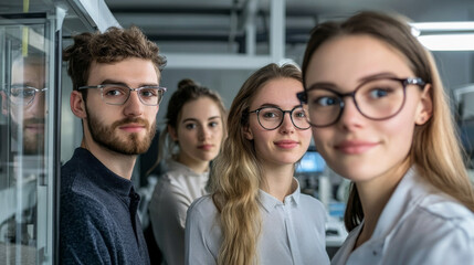 Obraz premium Young professionals in modern laboratory, showcasing teamwork and collaboration. group includes two men and two women, all wearing glasses and engaged in scientific work