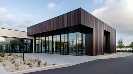 Obraz premium Contemporary corporate building with sleek black facade and innovative architectural design : Generative AI