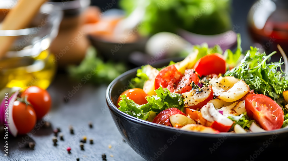Poster fresh colorful salad with tomatoes and mozzarella in black bowl : generative ai