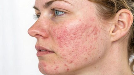 Fototapeta premium Macro shot of rosacea on fair skin showing redness, visible blood vessels, and small inflamed bumps