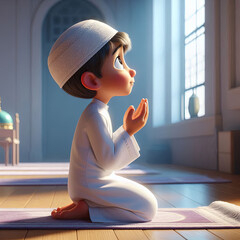 Young Muslim Boy During Salat Praying for God