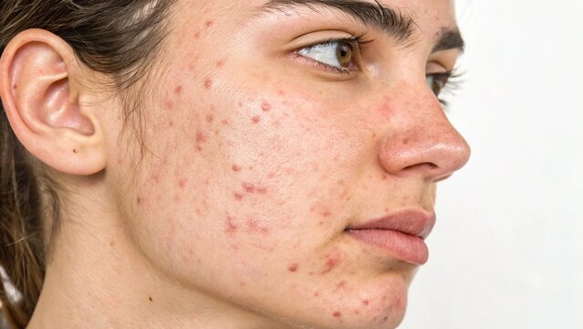Close-up of severe acne with inflamed papules and pustules on oily skin, showing redness, swelling, and textured pores