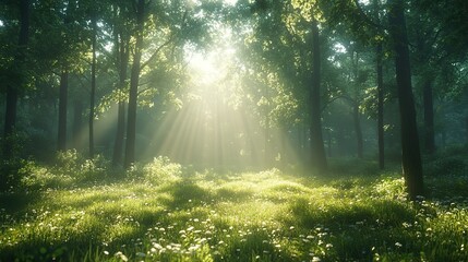 Obraz premium This lush green forest scene with dappled sunlight is ideal for nature photography, wallpapers, and relaxation resources, bringing the beauty of nature to your screen