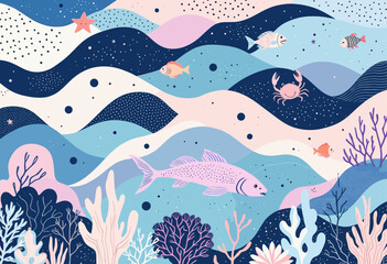 The ocean scene features a pink fish swimming amidst blue and white waves, with a starfish and a crab nearby, and a coral reef in the foreground.