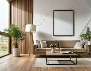 Fototapeta premium White and wooden living room corner, poster, sofa