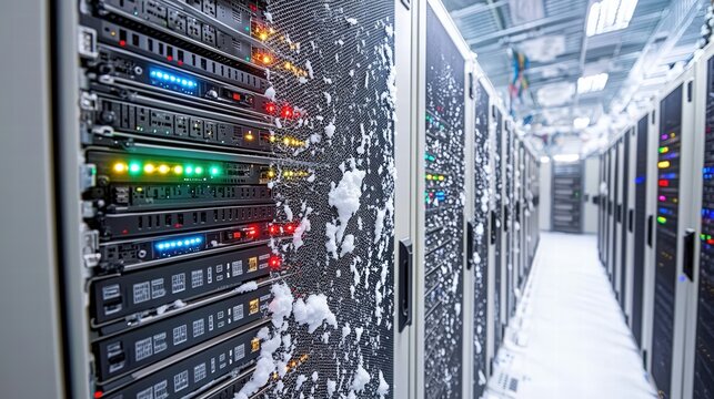 Unusual server room with accumulated snow on the floor highlighting environmental challenges