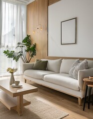 Fototapeta premium White and wooden living room corner, poster, sofa