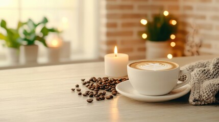cozy coffee warm candlelight, Warm Latte with Candlelight and Cozy Sweater on Wooden Table