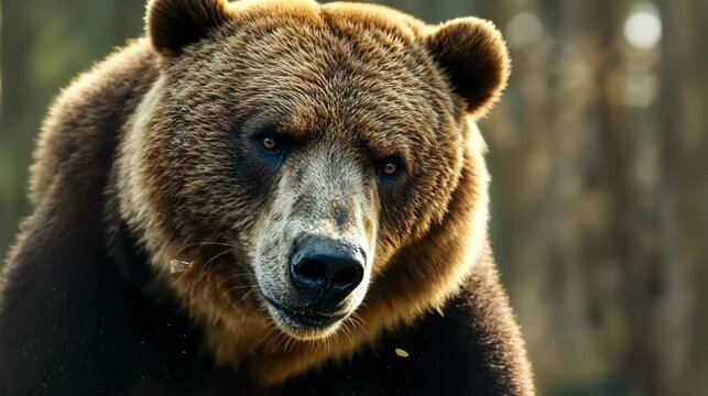 A close-up of a bear foraging in the forest, highlighting its powerful claws and fur.