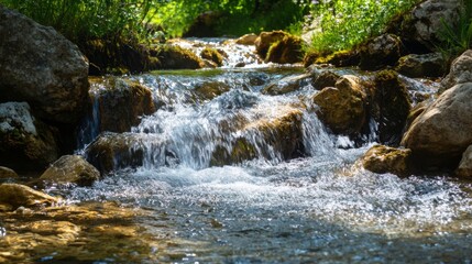Fototapeta premium Clear mountain stream cascading over rocks