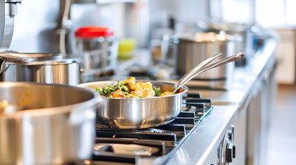 Modern Commercial Kitchen with Stainless Steel Utensils and Cooking Equipment for Professional Chefs : Generative AI
