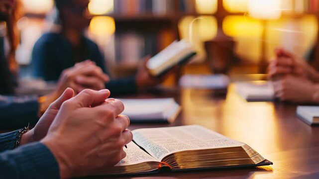 Business professionals praying and studying the Bible in a modern office