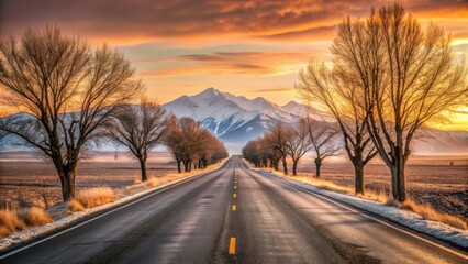 Fototapeta premium Asphalt Pathway Through a Winter Landscape at Sunrise, Lined with Leafless Trees Leading to Majestic Snow-Capped Mountains