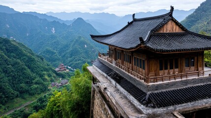 Majestic Traditional Asian Temple Perched Atop Lush Mountain Landscape