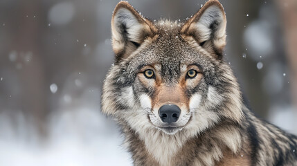 Obraz premium Majestic Wolf in Snow Covered Forest Captured in Calm Yet Powerful Gaze : Generative AI