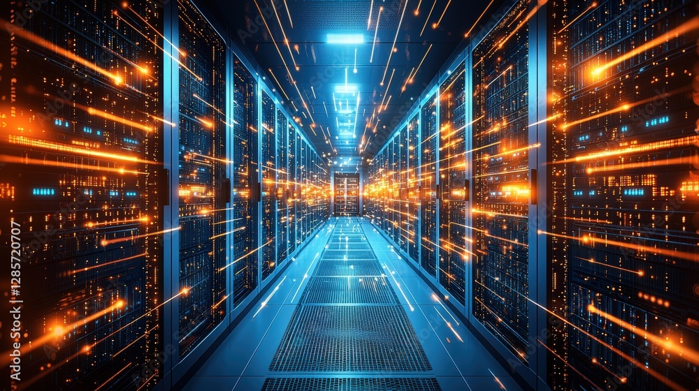 Poster server room packed with several servers illustrating the core of data infrastructure and networking